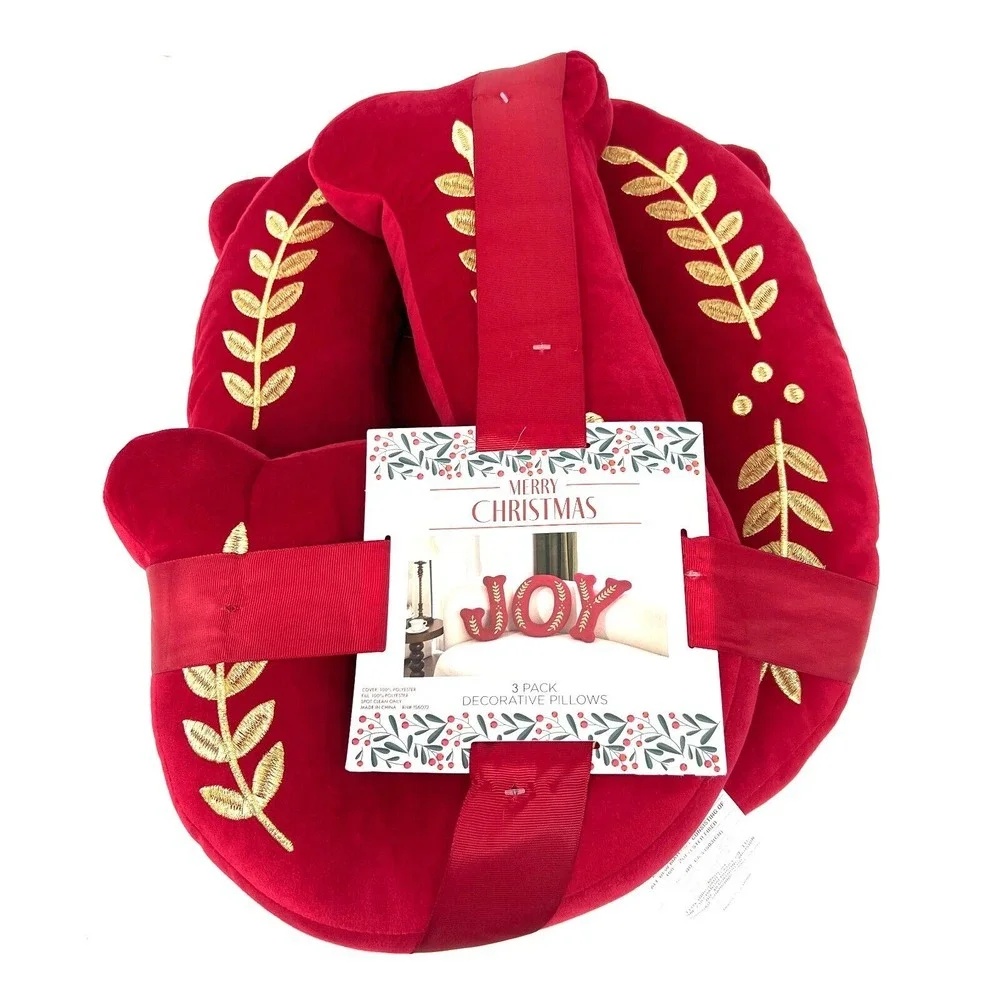 JOY Decorative Throw Pillows Set of 3 – Red & Gold Holiday Christmas Couch Décor
